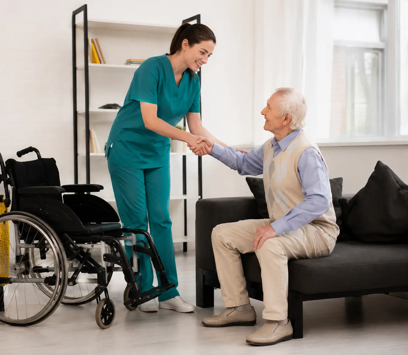 Professional Personal Support Worker offering compassionate PSW services in Toronto to an elderly man sitting on a couch next to a wheelchair.