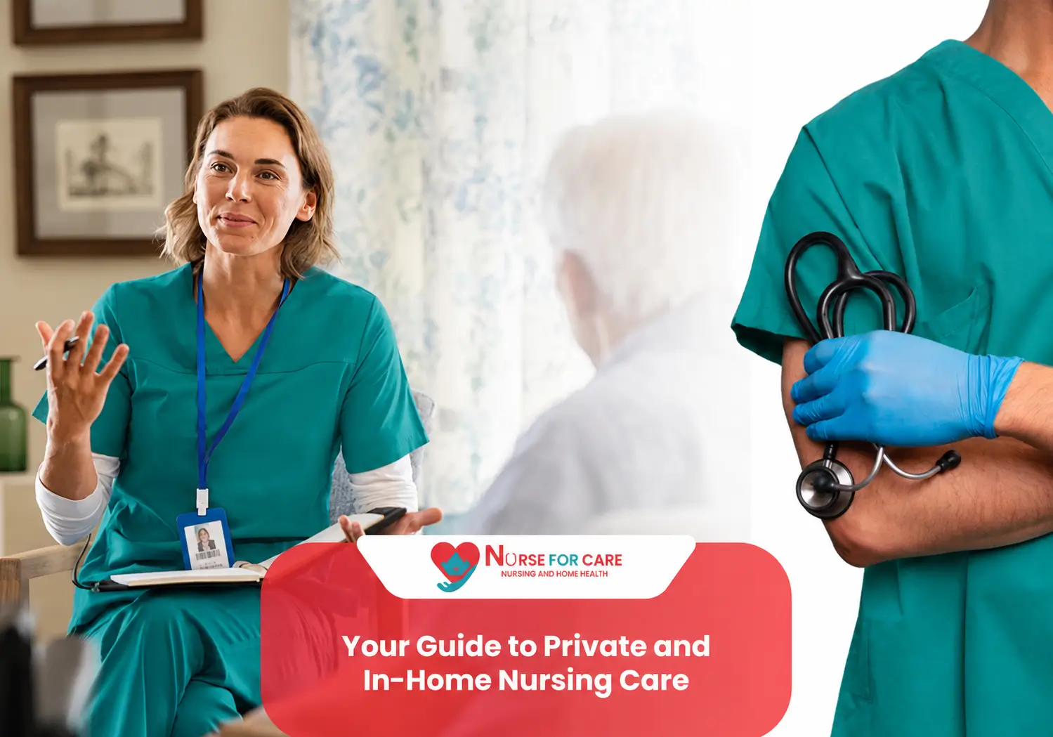 A professional home care nurse in teal scrubs speaking with an elderly patient during a medical consultation while a healthcare provider holds a stethoscope in the foreground.