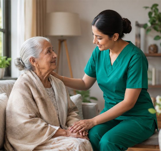 A smiling private nurse in green scrubs holds hands with an elderly woman wrapped in a blanket on a sofa, demonstrating professional home care in Brampton.