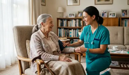 A smiling home care nurse in teal scrubs checks the blood pressure of an elderly woman sitting in an armchair, delivering reliable home care in Scarborough.