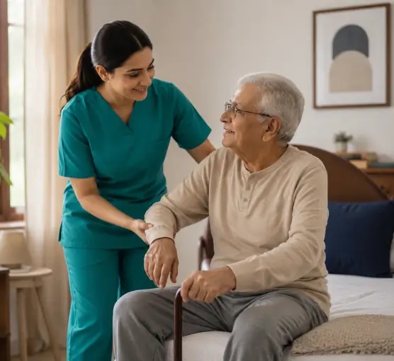 A friendly home care Markham nurse in teal scrubs helping a senior man stand up safely from his bed while holding a cane.
