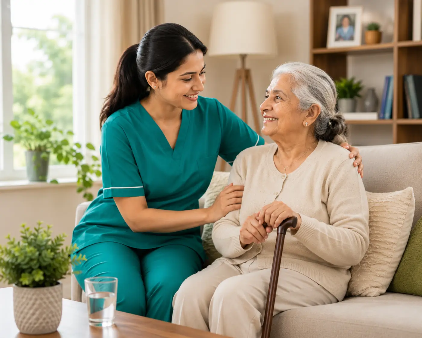 A professional nurse in teal scrubs providing home care in North York, smiling warmly and comforting an elderly woman sitting on a sofa with a cane.