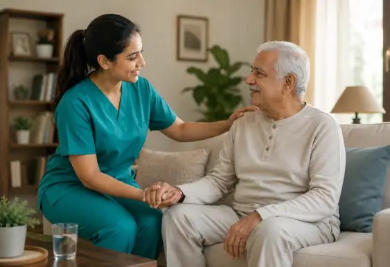 A female caregiver in teal scrubs comforting an elderly man on a living room sofa, showcasing professional home care in Richmond Hill.