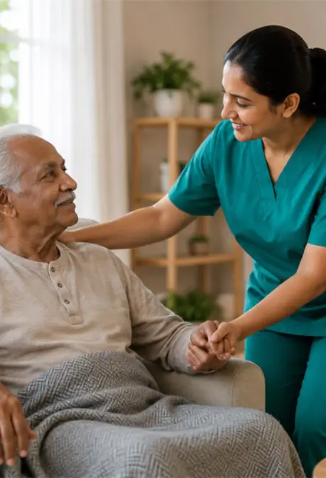 A smiling private nurse in teal scrubs holding hands and comforting an elderly man sitting in an armchair with a blanket, offering reliable home care services brampton.