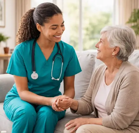 A smiling home care services nurse in teal scrubs holding hands with an elderly woman on a couch in Markham, with medical equipment on the coffee table.