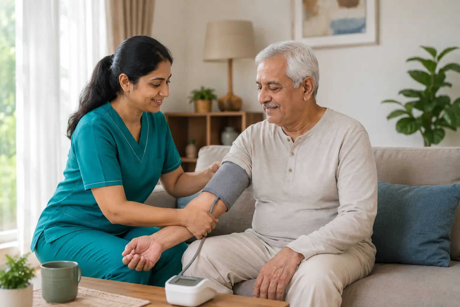A nurse in teal scrubs checking a senior man's blood pressure during a home care services visit in North York.