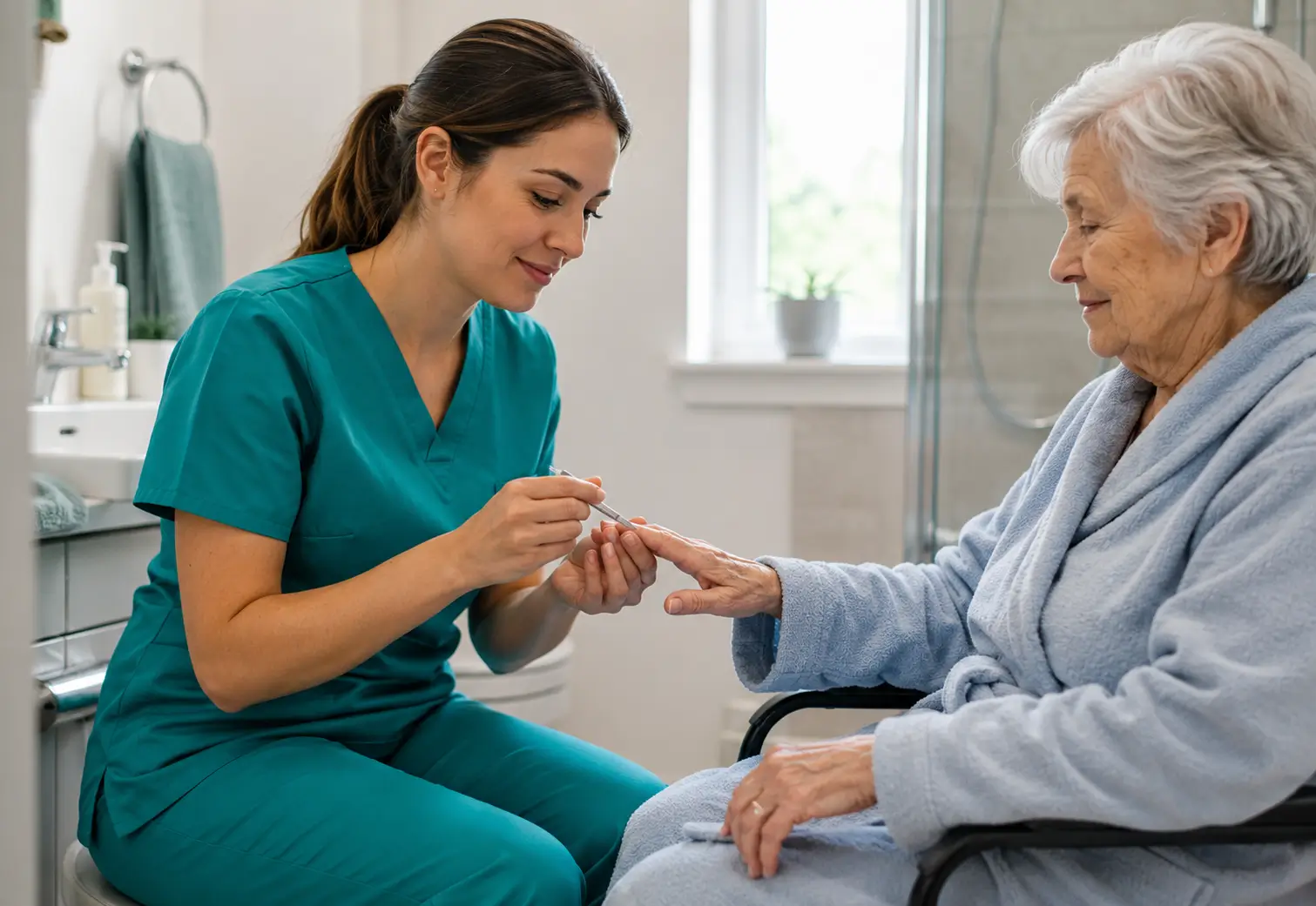 A female home health caregiver in green scrubs gently grooming and trimming the fingernails of an elderly woman wearing a blue bathrobe in a bathroom.