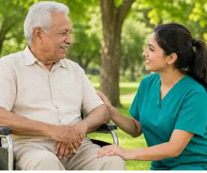 A cheerful caregiver in green scrubs kneeling next to a senior man in a wheelchair, illustrating the mental and physical benefits of companion care during an outdoor walk in a park.