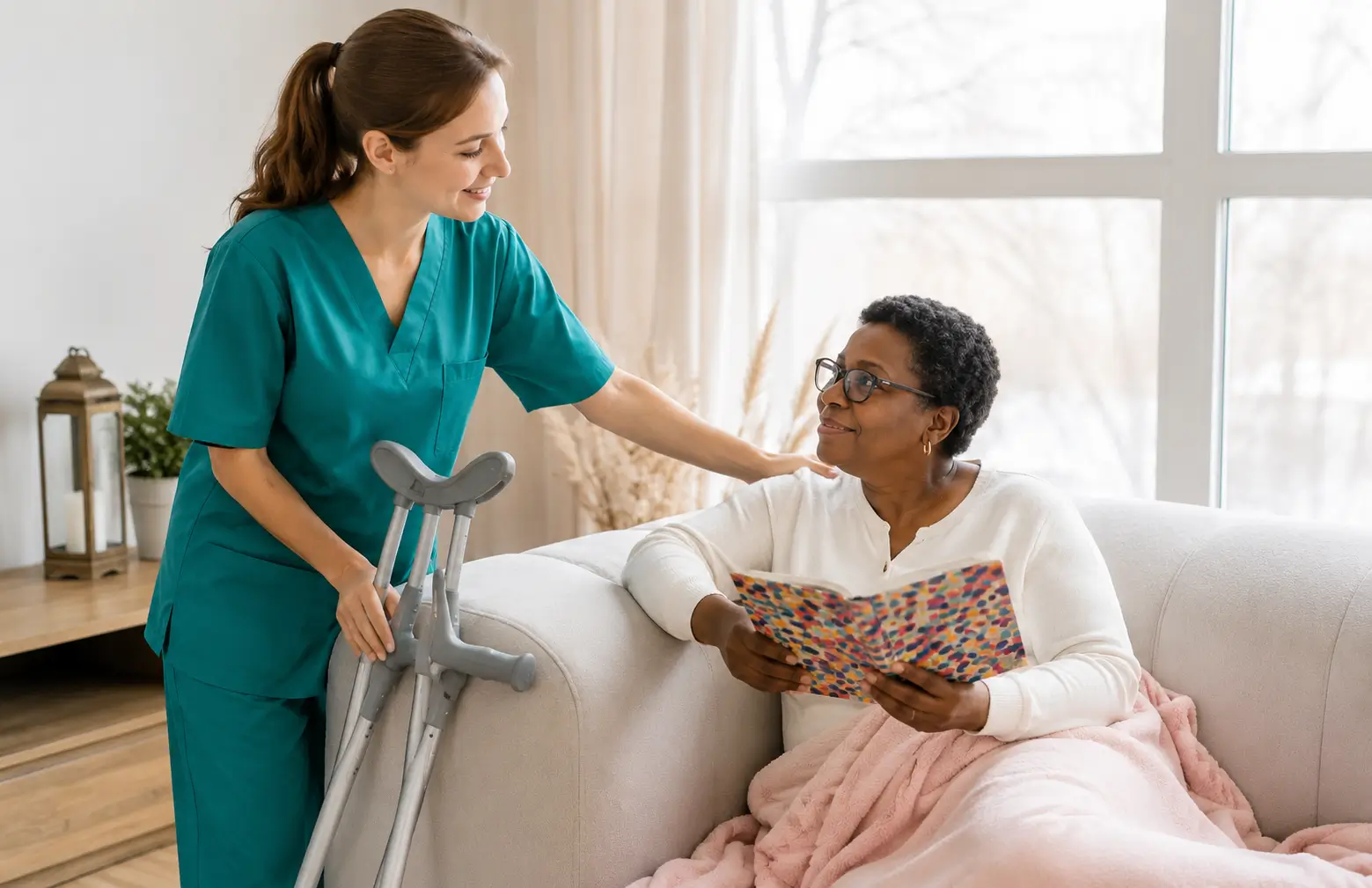 A friendly home health aide in green scrubs offers companion care to an senior Black woman sitting on a couch with a book and crutches nearby.