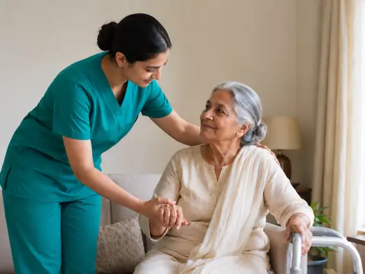 A professional caregiver in green scrubs providing companion care to an elderly woman sitting on a sofa with a walker nearby.