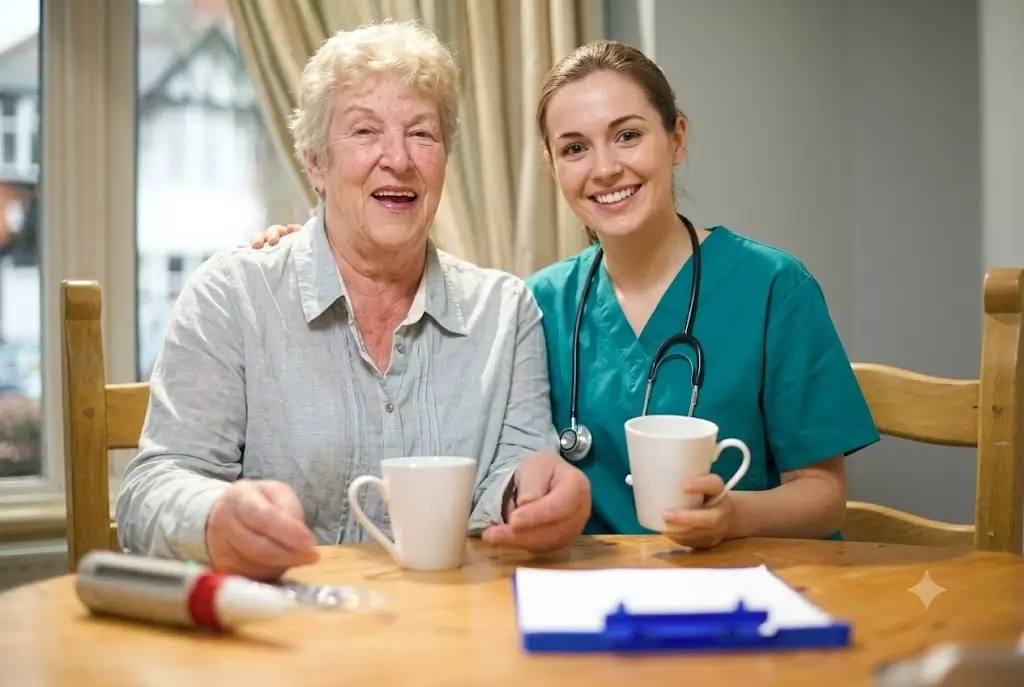 A smiling caregiver providing dementia and Alzheimer's care to an elderly woman while sharing a cup of coffee at a dining table.