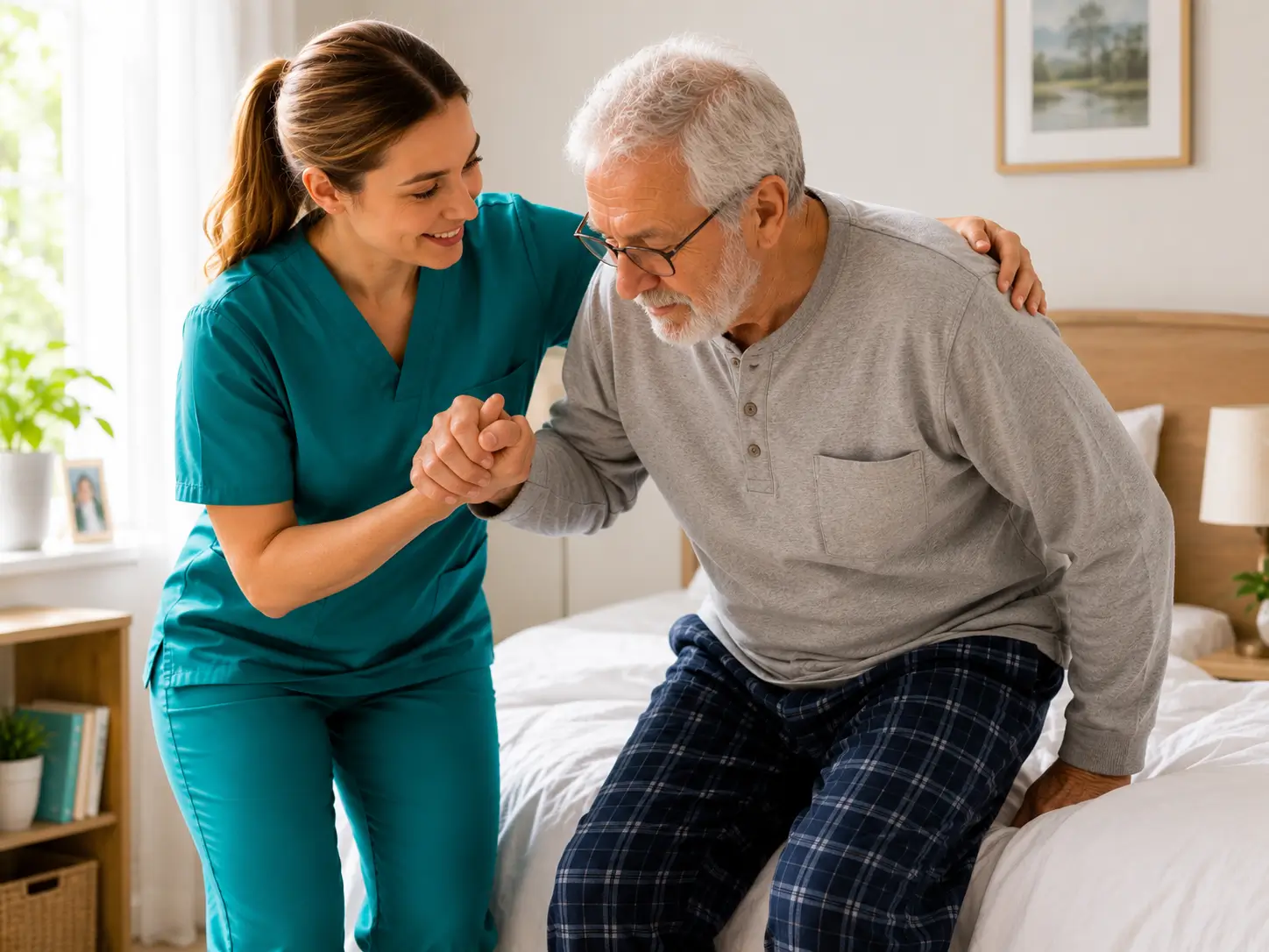 A compassionate home care nurse in teal scrubs holding hands and supporting an elderly man as he stands up from his bed, demonstrating professional elderly care at home.