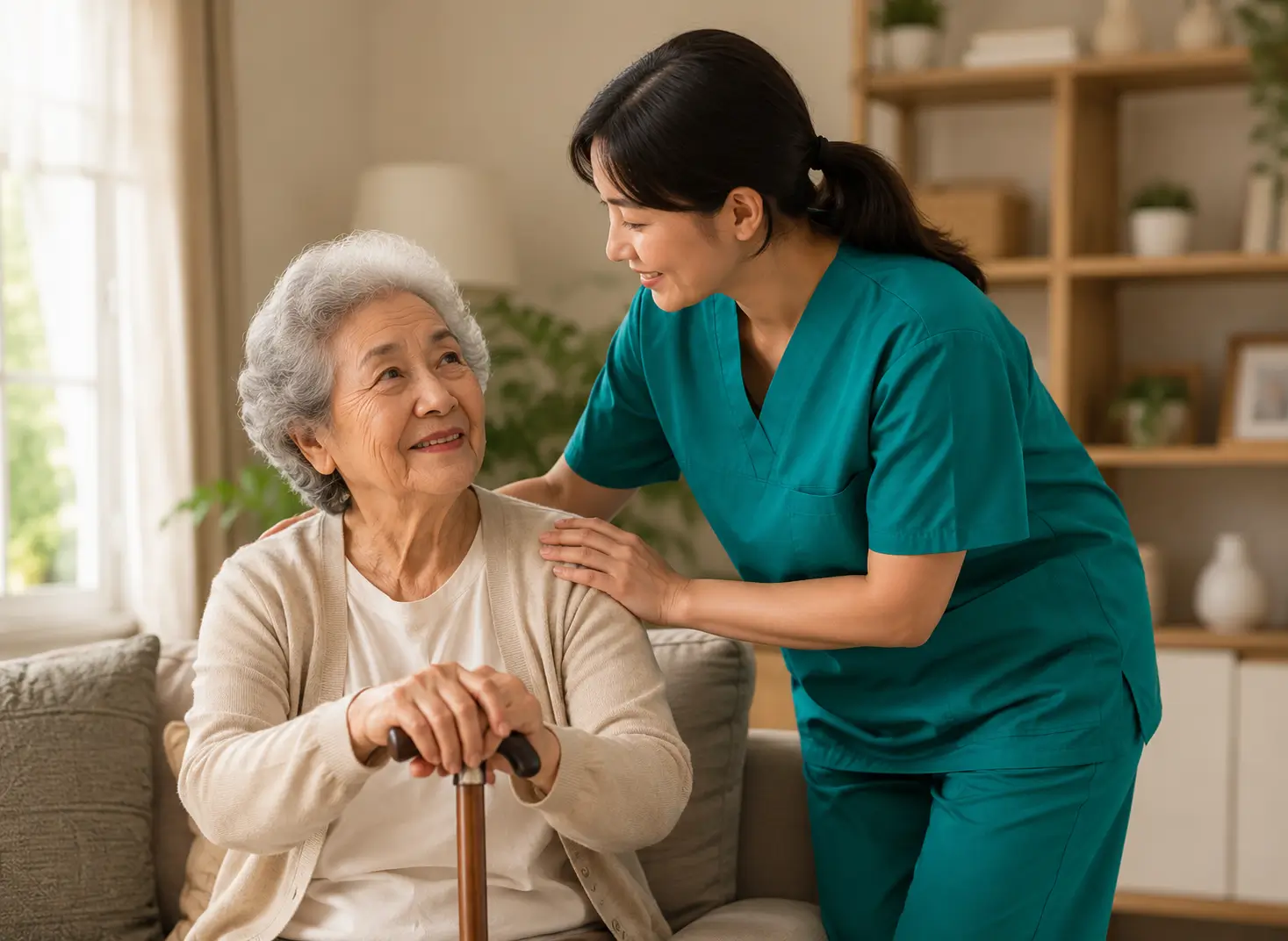 A smiling female home care nurse in teal scrubs comforting an elderly Asian woman holding a walking cane while sitting on a couch.