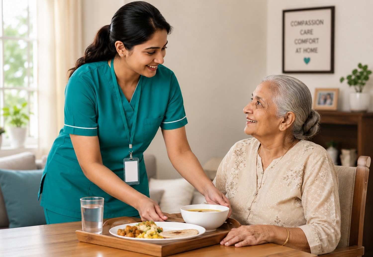A smiling female home care nurse in teal scrubs serves a healthy meal tray to an elderly Indian woman at a dining table.