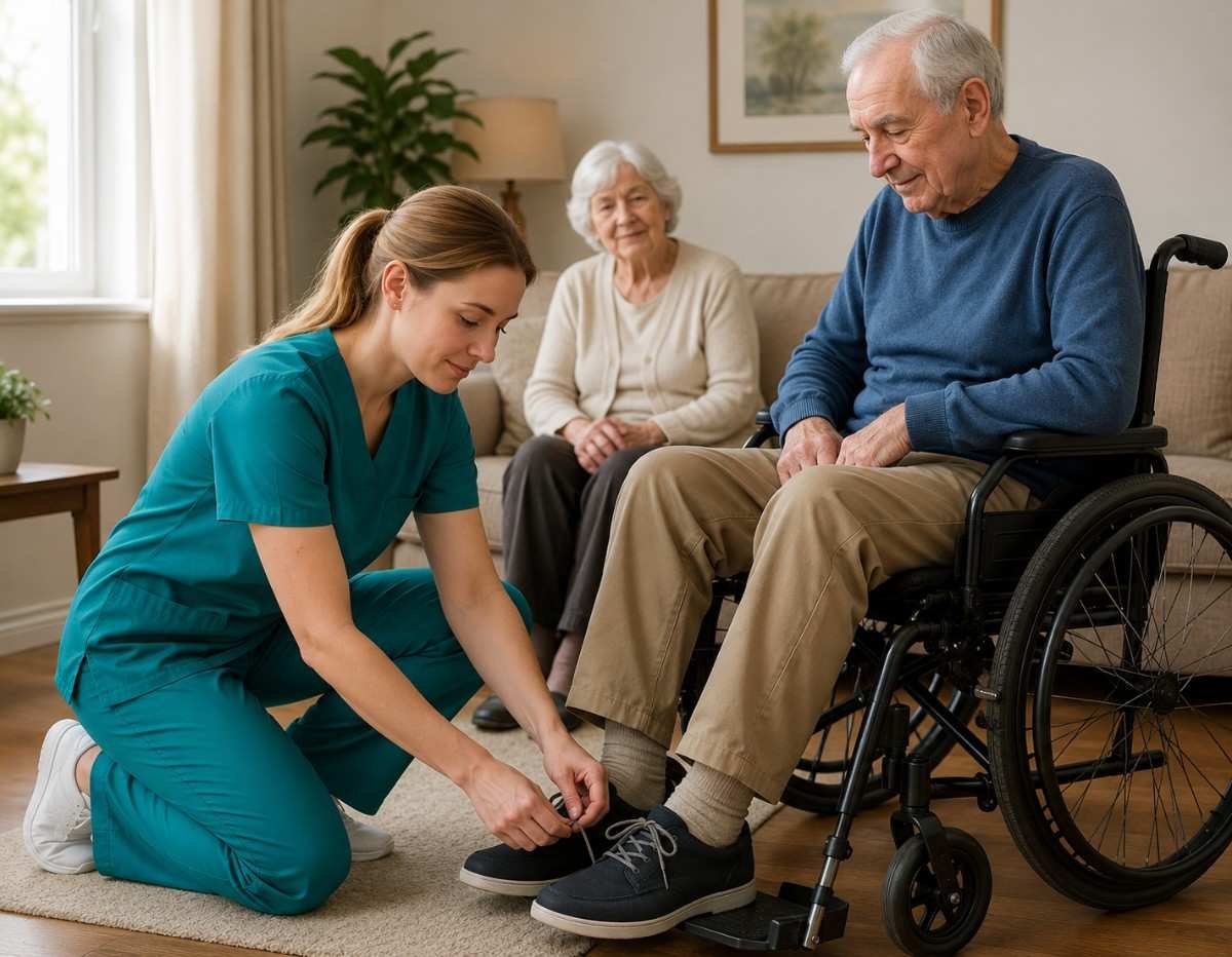 A female home care professional in teal scrubs kneeling down to tie the shoe of an elderly man in a wheelchair, with a senior woman sitting on a couch in the background of a bright living room, illustrating compassionate home care in Mississauga.