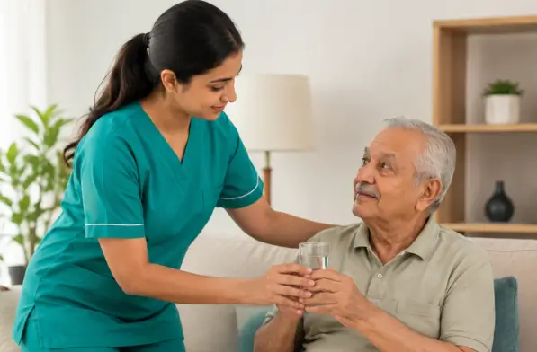 A compassionate female caregiver in green scrubs handing a glass of water to an elderly man on a sofa, demonstrating professional home care services in Oakville.