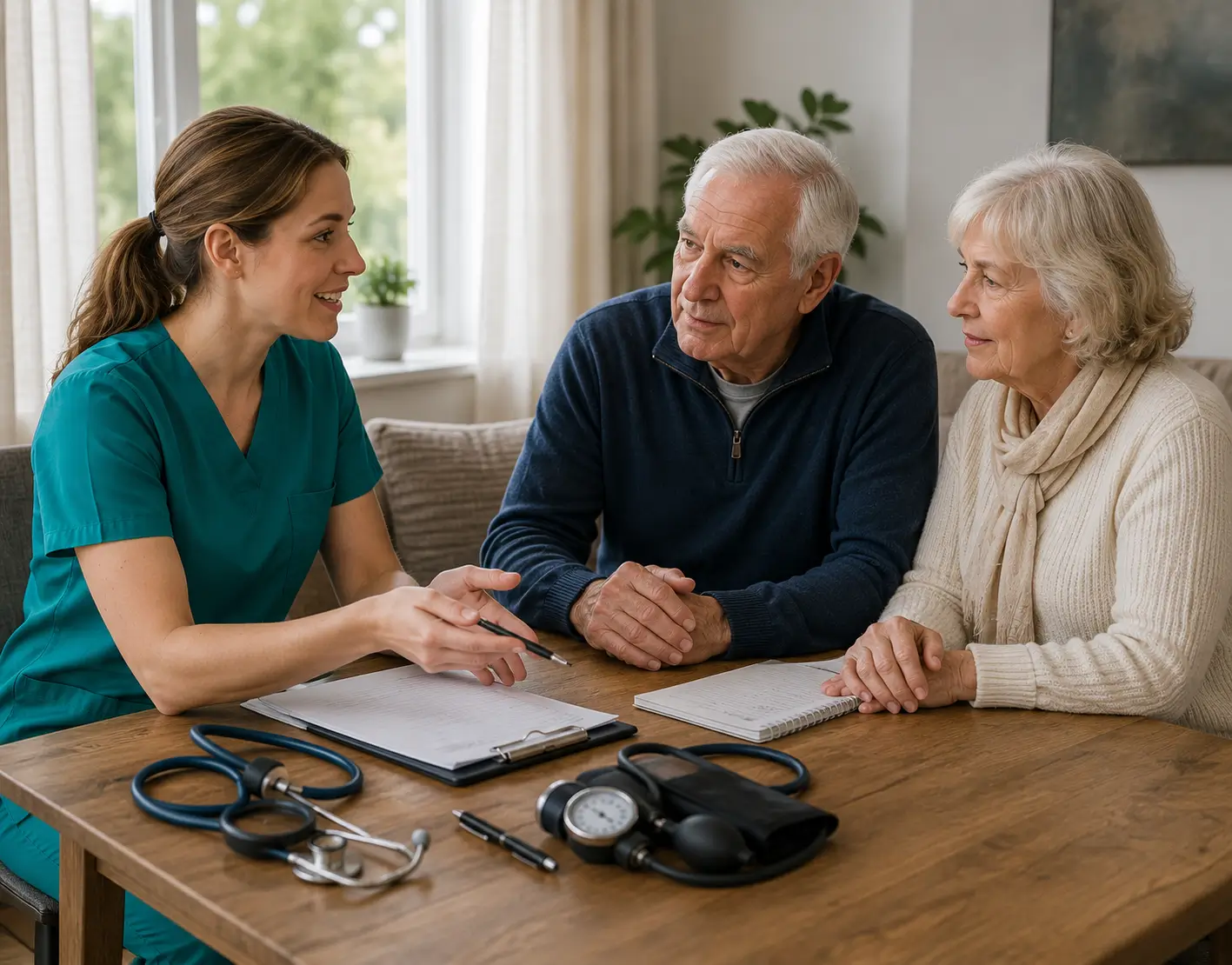 A professional female caregiver in teal scrubs discussing a care plan at a table with an elderly couple, highlighting trusted home care services in Mississauga.