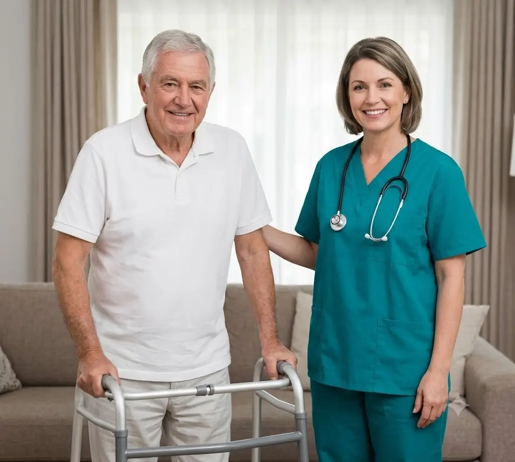 A smiling professional nurse in green scrubs supporting an elderly man using a walker at home, representing professional home care services in Toronto.