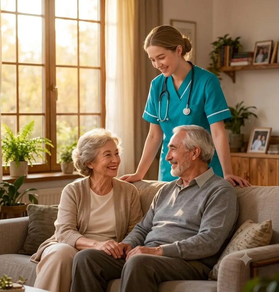 A smiling young nurse in teal scrubs standing behind a happy senior couple sitting on a couch, illustrating professional home care in Toronto.