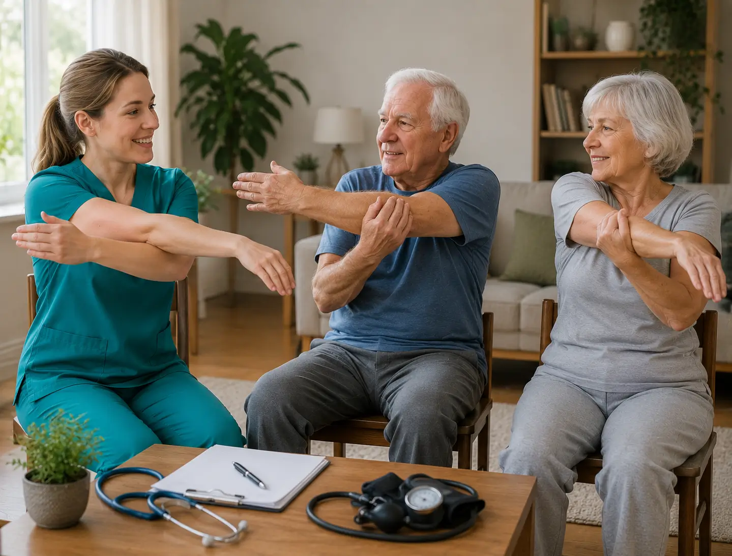 A smiling female nurse in teal scrubs guiding an elderly man and woman through seated arm stretches in a living room setting, representing professional home health care in Mississauga.
