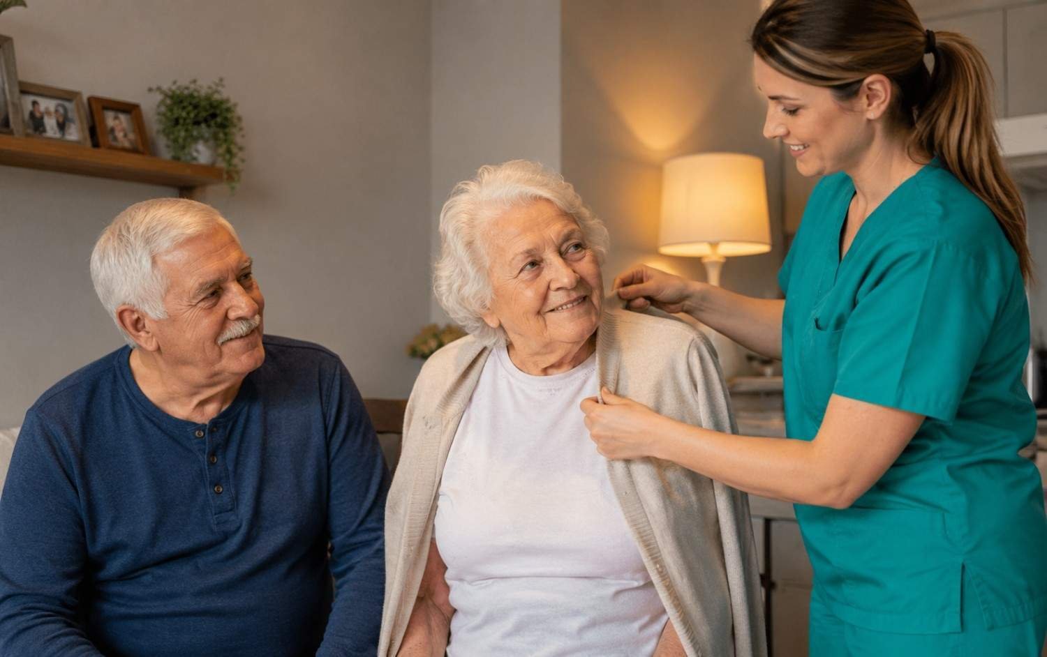 An elderly senior couple smiling warmly at home while a professional female private nurse assists the senior woman with her white cardigan.