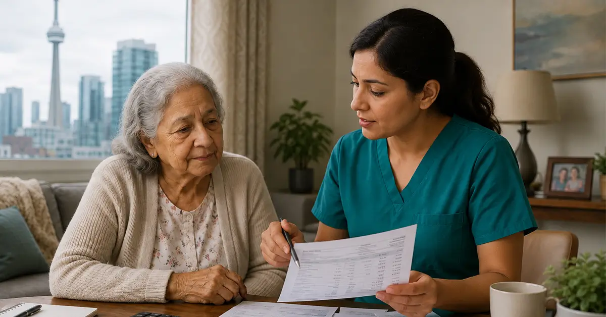 A home care nurse in teal scrubs explaining a financial document to an elderly woman in her apartment, addressing how much does home care cost in Toronto with the CN Tower visible in the background.