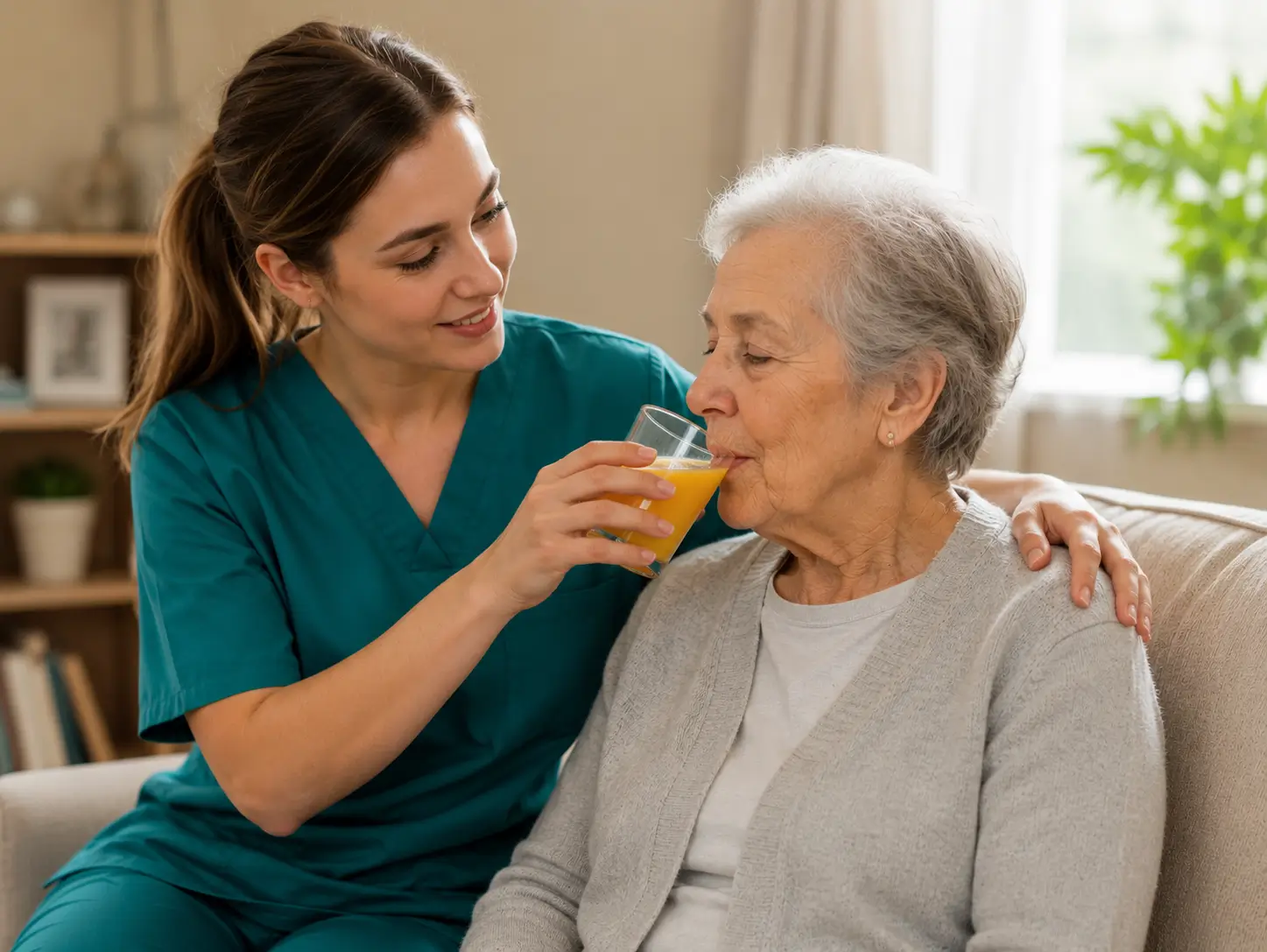 A smiling caregiver in teal scrubs helping an elderly woman drink orange juice on a couch, demonstrating professional in-home senior care services.