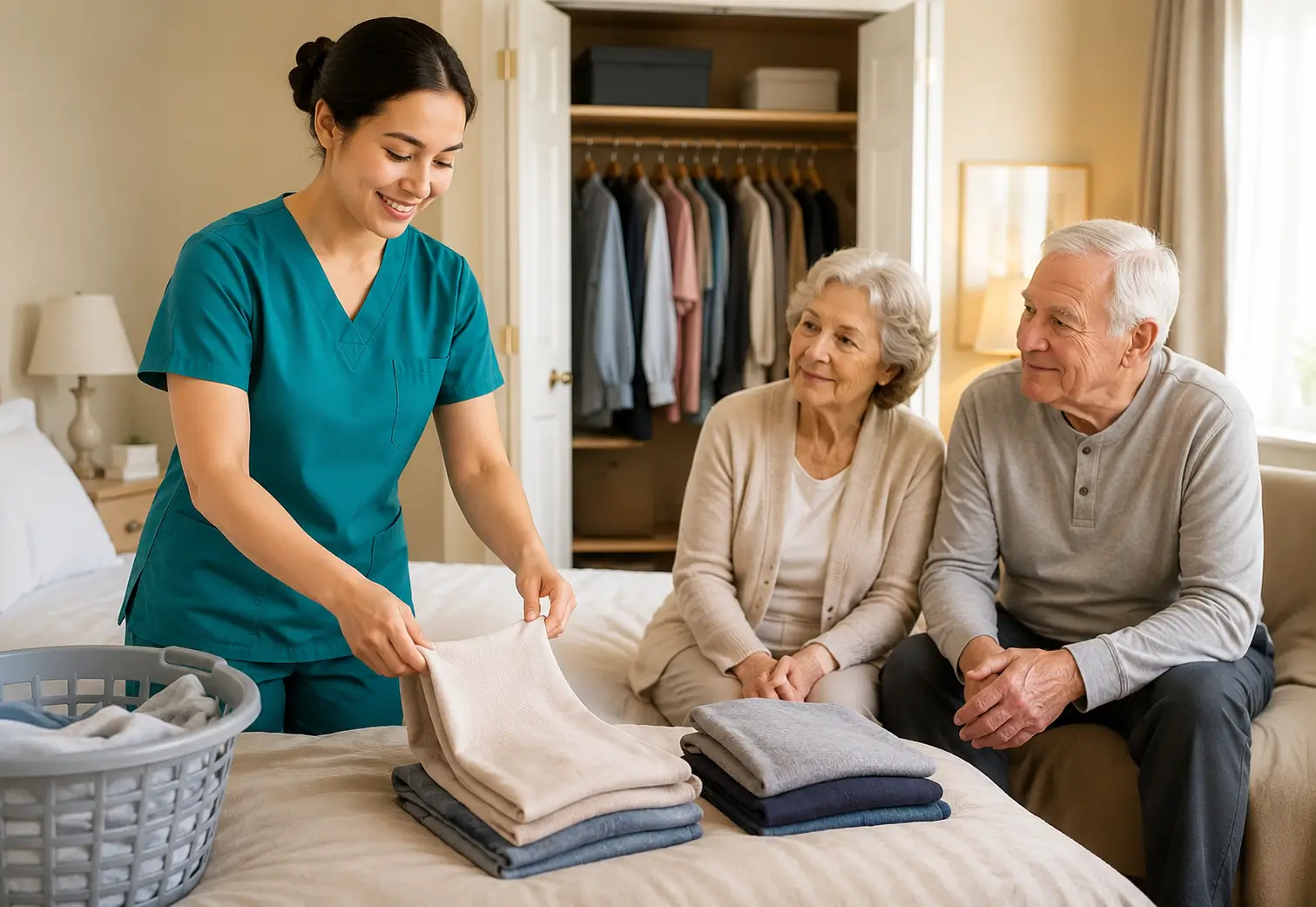 A smiling home care aid in teal scrubs folding laundry on a bed while an elderly couple watches from a nearby couch, demonstrating light housekeeping services for seniors.