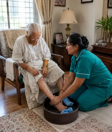 Professional caregiver assisting an elderly woman with personal hygiene and foot care at home, providing compassionate live in care for seniors in Toronto in a safe and comfortable living environment.