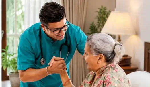 Compassionate caregiver providing personalized support and companionship to an elderly woman at home, demonstrating professional live in home care for seniors in Toronto in a comfortable residential setting.