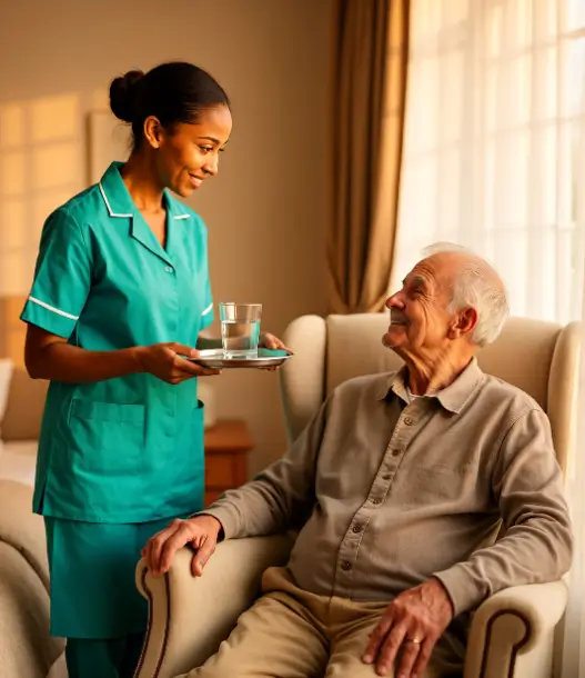 A smiling private caregiver in a teal uniform brings a glass of water on a tray to an elderly man sitting in an armchair, demonstrating professional live in home care.