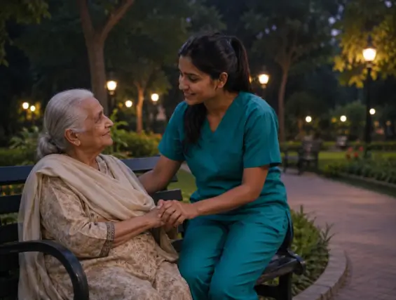 Caregiver providing overnight care in Toronto while offering companionship and support to a senior woman.