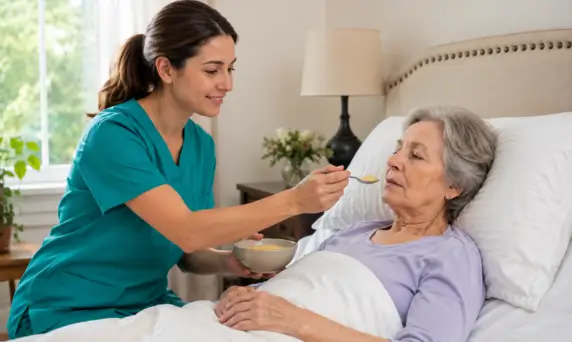 Caregiver providing overnight care in Toronto to a senior woman resting comfortably in bed at home.