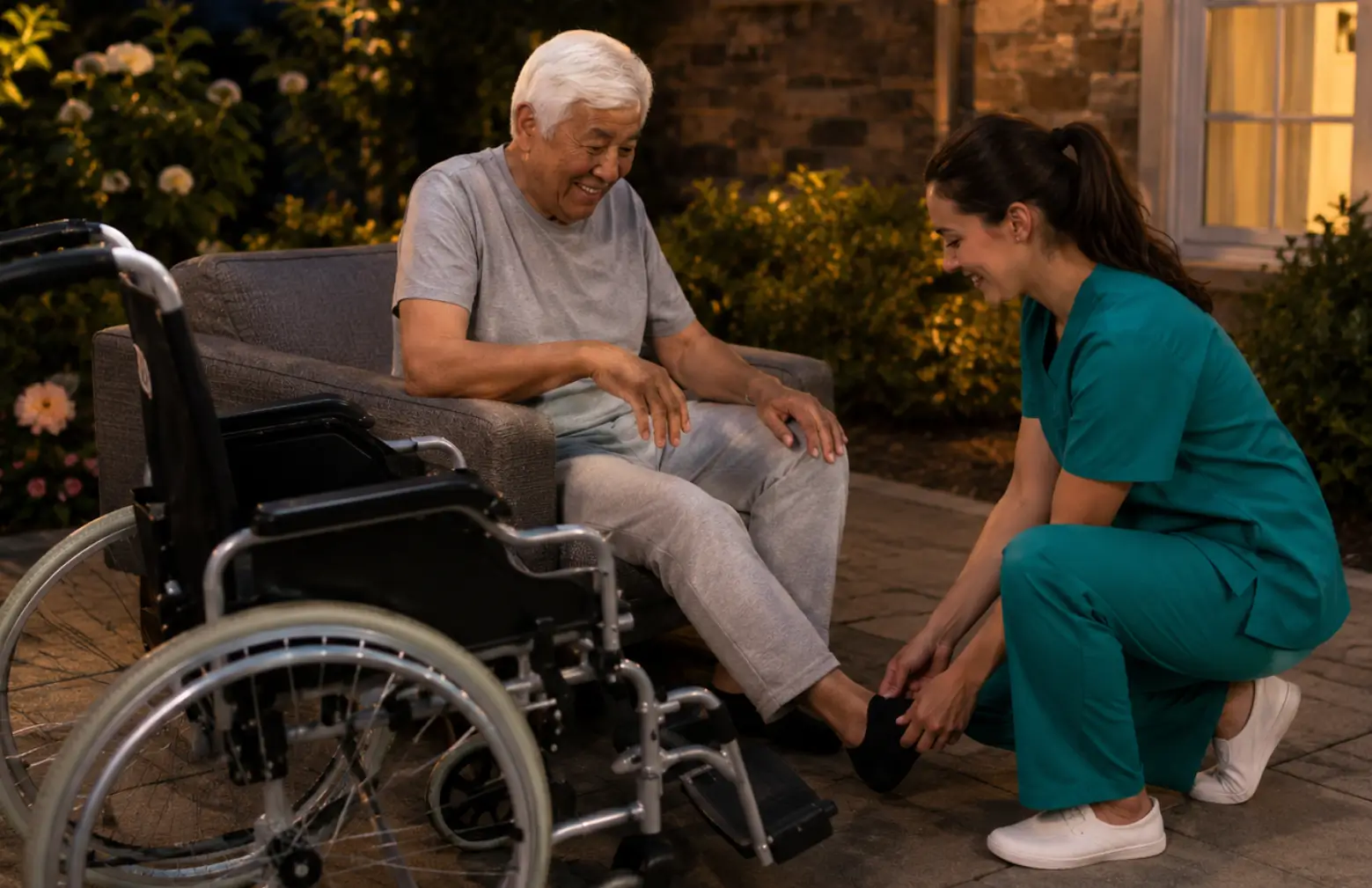 A professional caregiver in green scrubs assisting an elderly man sitting outside next to a wheelchair, representing overnight care in Toronto.