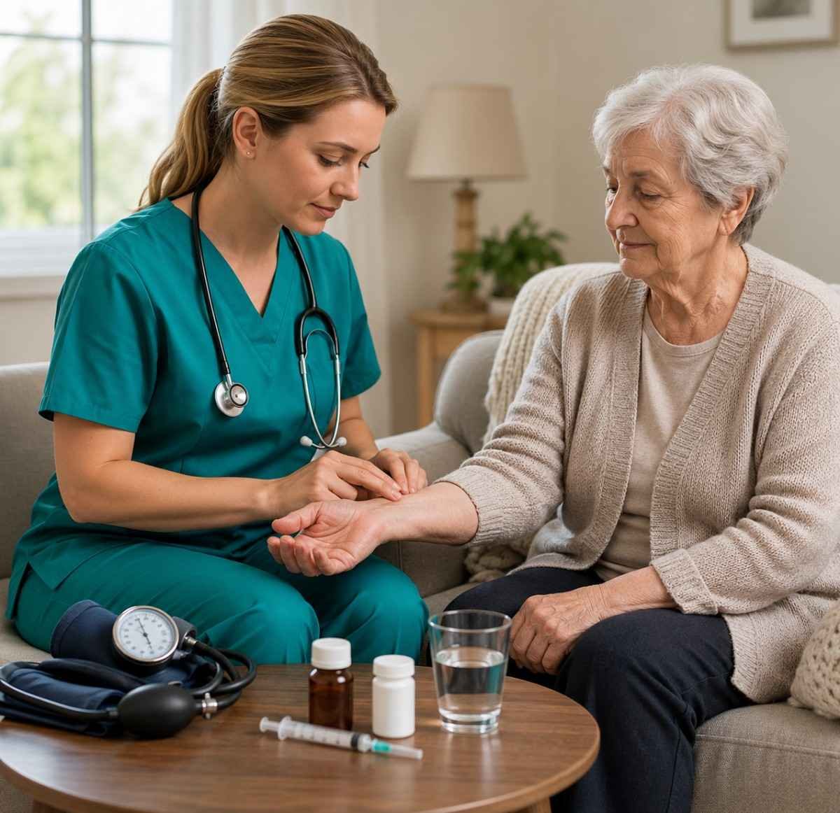A home health nurse in green scrubs checking an elderly woman's pulse during a private nurse care Mississauga visit, with medical supplies on the coffee table.