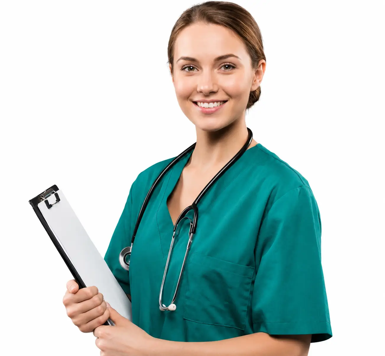 A smiling female nurse in teal medical scrubs with a stethoscope around her neck, holding a medical clipboard against a white background.