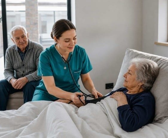 A female nurse in teal scrubs providing home care services by checking the blood pressure of an elderly woman in bed, while a senior man watches supportively.