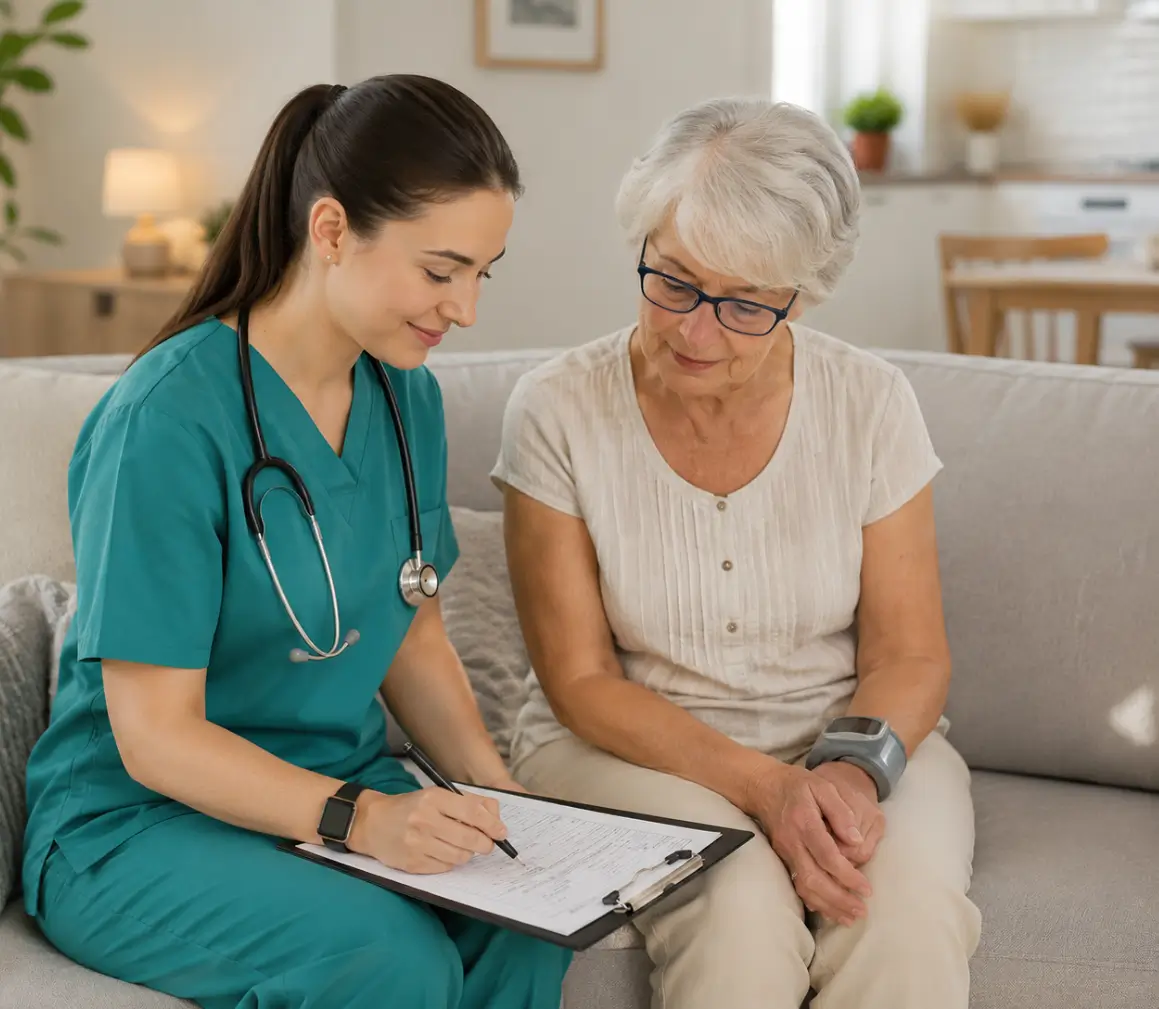 A friendly home health nurse in green scrubs filling out a clipboard medical form during a respite care visit with a senior woman on a living room sofa.