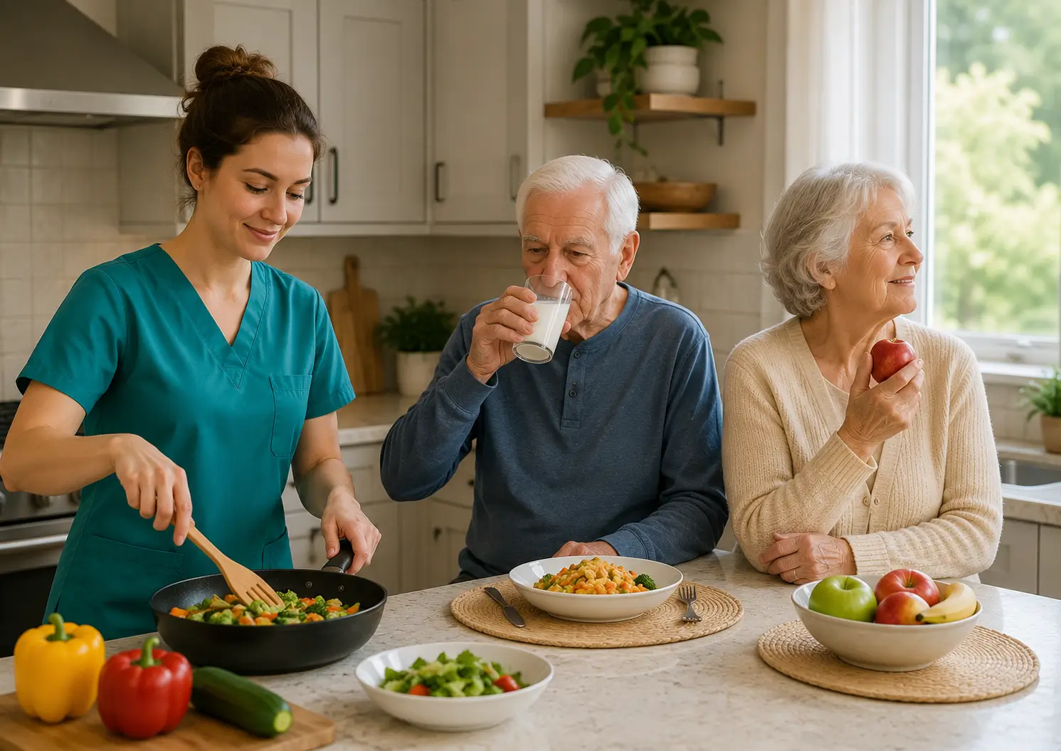 A professional home care nurse preparing a healthy meal for an elderly man drinking milk and a senior woman holding an apple in a Mississauga home kitchen, illustrating senior care Mississauga services.