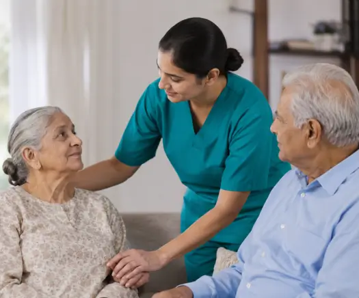 A professional home care worker in teal scrubs providing companion care in toronto to an elderly senior couple sitting together on a sofa.
