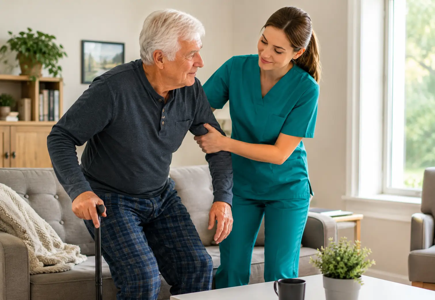 A helpful female caregiver in teal scrubs assisting an elderly man with a walking cane to stand up from a couch, providing senior companionship and physical support.