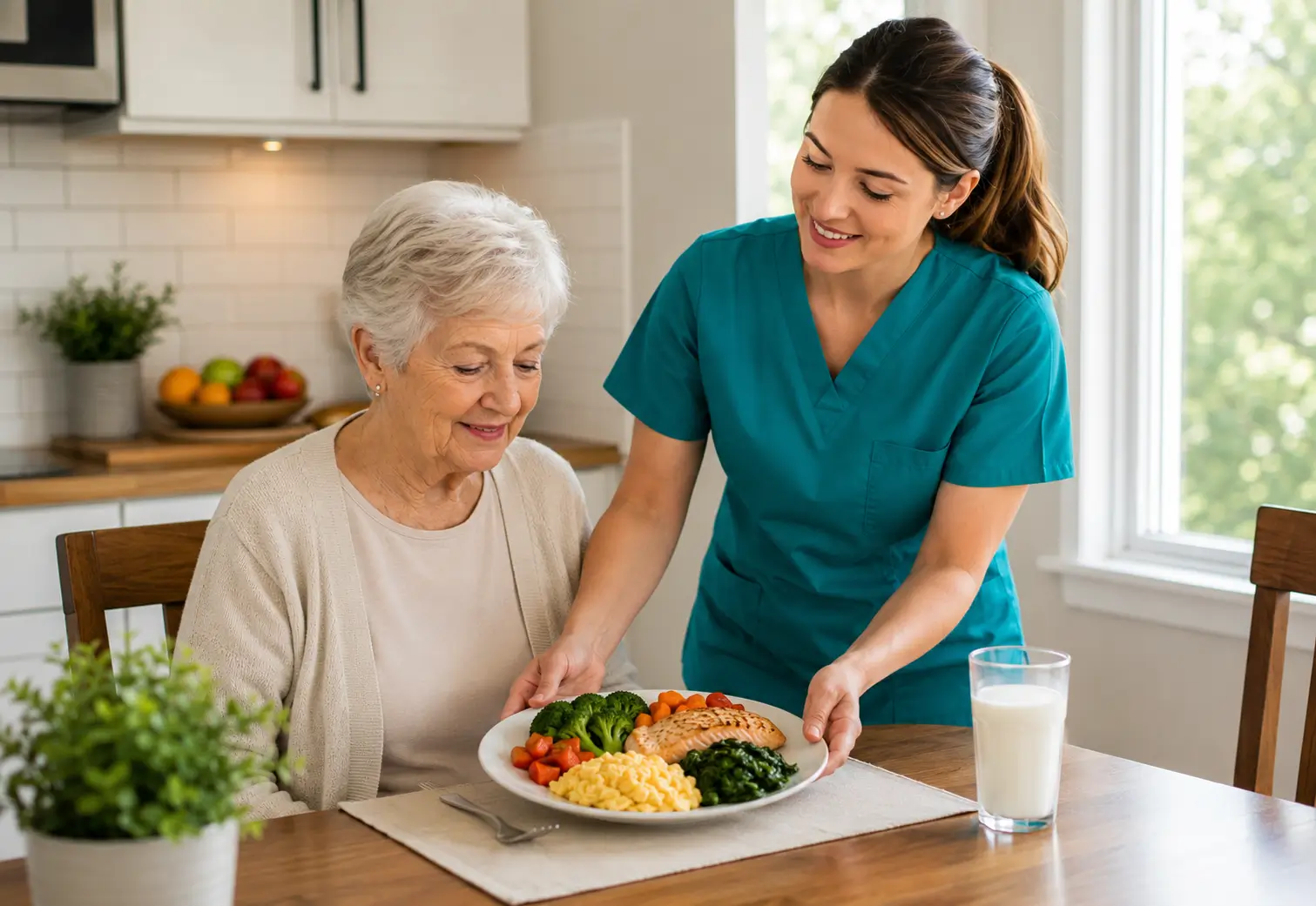 A smiling female caregiver in teal scrubs serving a healthy salmon and vegetable dinner to an elderly woman at a kitchen table, showcasing senior meal preparation services.