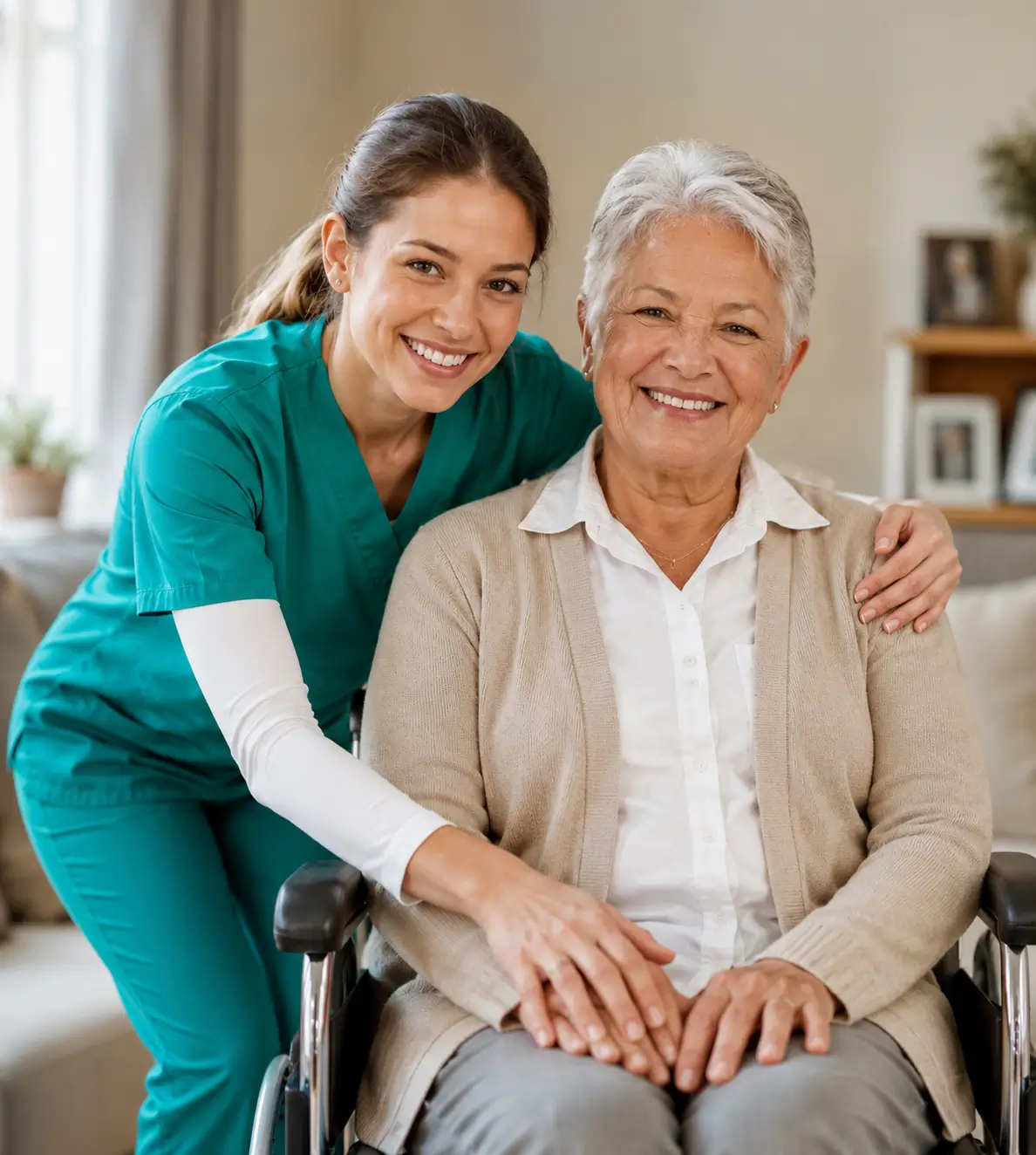 A smiling female caregiver in teal scrubs supporting a happy senior woman in a wheelchair, illustrating professional home care in Mississauga services.